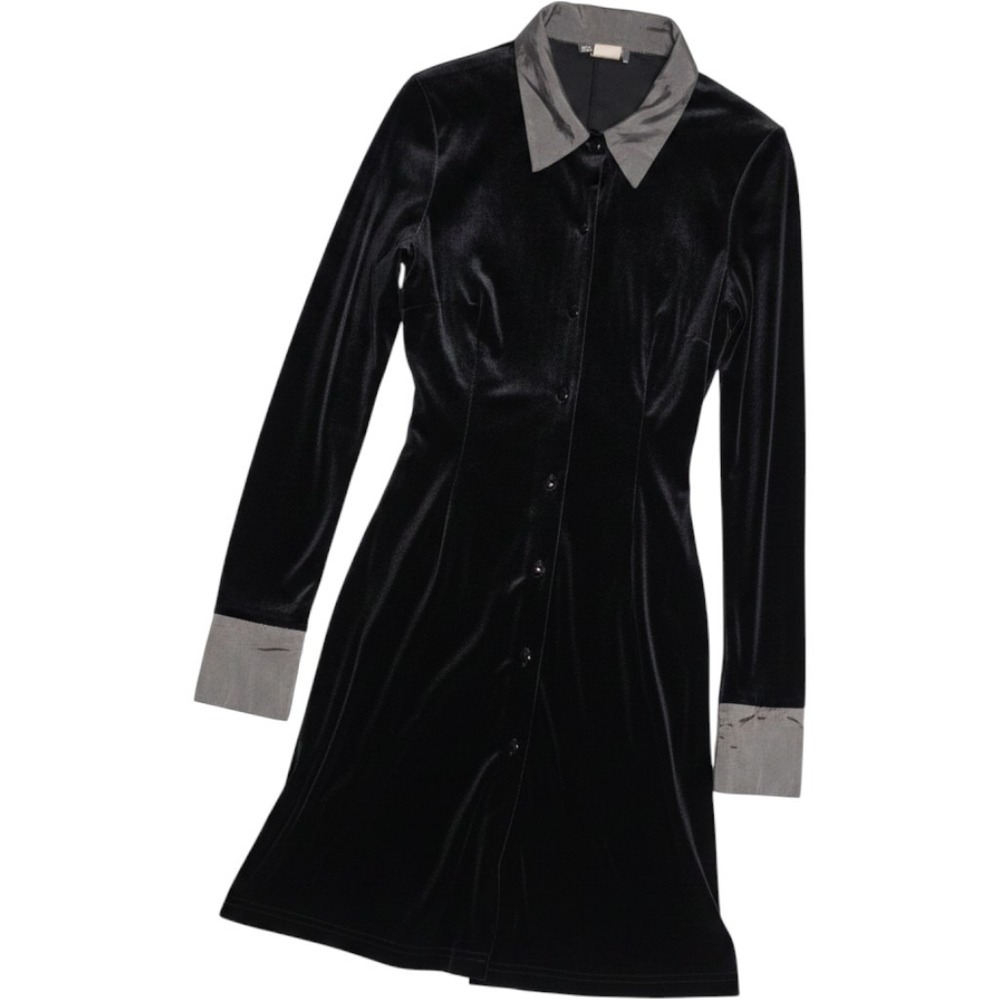 Aqua Blues Vintage Gothic Black Velvet Mini Dress Grey Collar Cuffs Y91870J M